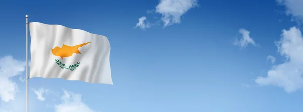 キプロスの旗 青い空に隔離された3次元レンダリング 水平方向のバナー 3Dイラスト — ストック写真