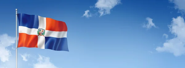 Флаг Доминиканской Республики Трехмерное Изображение Изолированное Голубом Небе Горизонтальное Знамя — стоковое фото