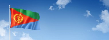 Eritre bayrağı, üç boyutlu, mavi gökyüzünde izole edilmiş. Yatay pankart. 3B illüstrasyon