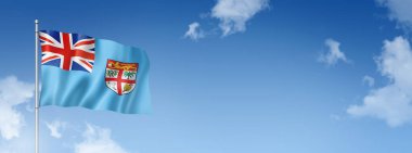 Fiji bayrağı, üç boyutlu, mavi gökyüzünde izole edilmiş. Yatay pankart. 3B illüstrasyon