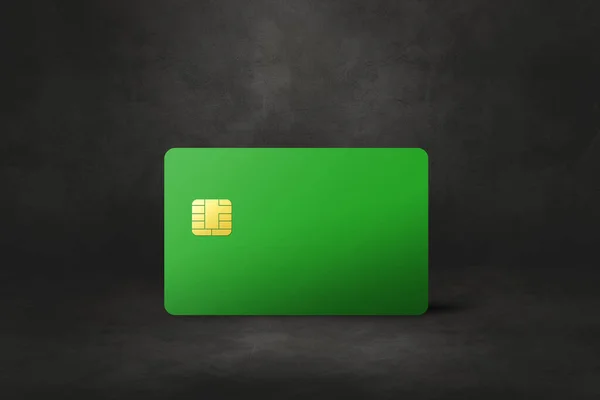Green credit card template on a black concrete background. 3D illustration