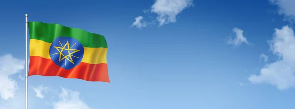 Etiyopya Bayrağı Boyutlu Mavi Gökyüzünde Izole Edilmiş Yatay Pankart Illüstrasyon — Stok fotoğraf