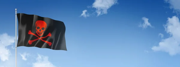 Bandeira Pirata Jolly Roger Renderização Tridimensional Isolada Num Céu Azul — Fotografia de Stock