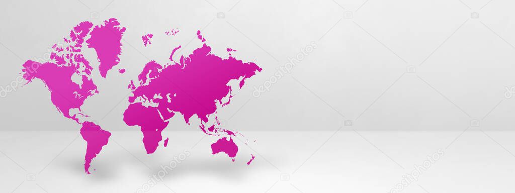 Purple world map isolated on white wall background. 3D illustration. Horizontal banner