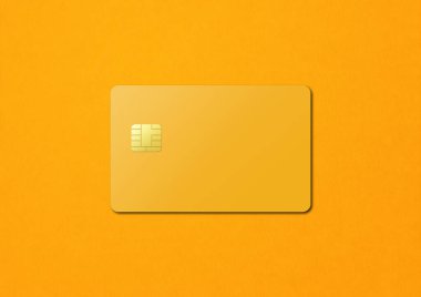 Sarı kredi kartı şablonu bir renk arkaplanında izole edilmiş. 3B illüstrasyon