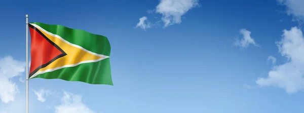 Guyana Flag Three Dimensional Render Isolated Blue Sky Horizontal Banner — Stock Photo, Image