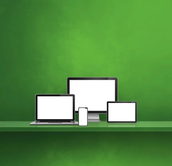 Számítógép Laptop Mobiltelefon Digitális Tabletta Zöld Faliregál Háttér Illusztráció — Stock Fotó