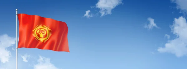Kirgisische Flagge Dreidimensionales Rendering Isoliert Auf Blauem Himmel Horizontale Fahne — Stockfoto