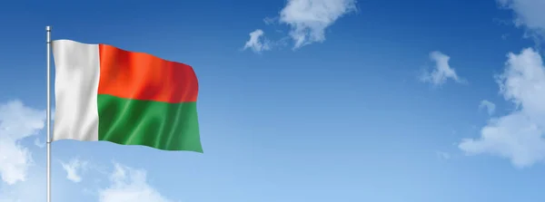 Flaga Madagaskaru Trójwymiarowy Obraz Odizolowany Błękitnym Niebie Sztandar Poziomy Ilustracja — Zdjęcie stockowe