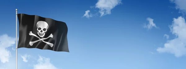 海賊旗 ジョリー ロジャー 青い空に隔離された3次元レンダリング 水平方向のバナー 3Dイラスト — ストック写真