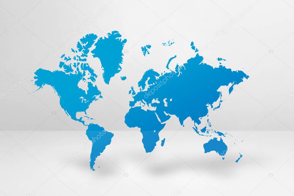 Blue world map isolated on white wall background. 3D illustration