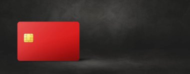 Siyah beton arka planda kırmızı kredi kartı şablonu. 3B illüstrasyon