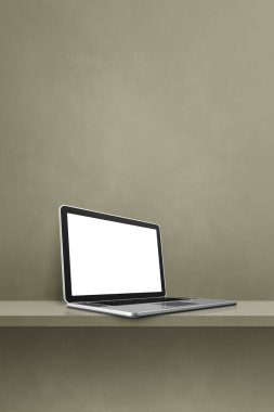 Laptop bilgisayarı yeşil rafta. Dikey arkaplan. 3B Görüntü