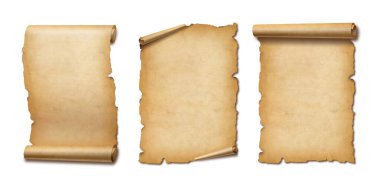 Eski parşömen kağıdı gölgeli beyaz üzerine izole edilmiş. Dikey pankartlar ayarlandı