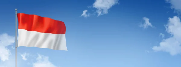 Bendera Monako Tiga Dimensi Render Terisolasi Langit Biru Spanduk Horisontal — Stok Foto