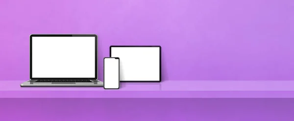 紫の壁の棚にノートパソコン 携帯電話 デジタルタブレットPc バナーの背景 3Dイラスト — ストック写真