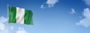 Nigeria flag, three dimensional render, isolated on a blue sky. Horizontal banner. 3D illustration