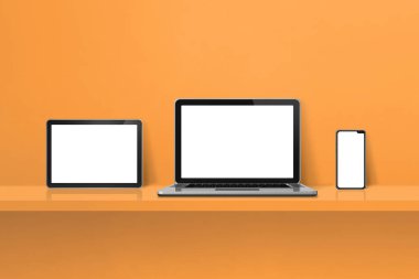 Laptop, cep telefonu ve dijital tablet bilgisayarı turuncu duvar rafında. Yatay arkaplan. 3B Görüntü
