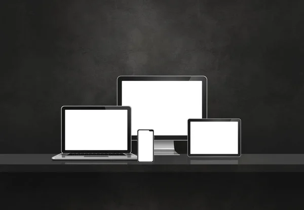 Computer Laptop Handy Und Digitaler Tablet Banner Schwarzen Wandregal Illustration — Stockfoto