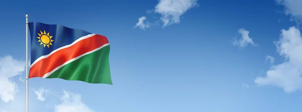 纳米比亚国旗 三维渲染 隔离在蓝天上 横向横幅 3D插图 — 图库照片