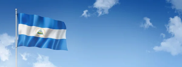 Vlajka Nikaraguy Trojrozměrná Izolovaná Modré Obloze Vodorovný Prapor Ilustrace — Stock fotografie