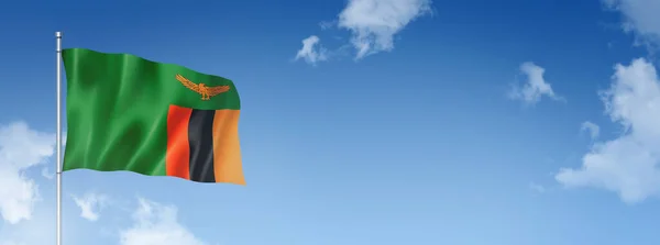 Zambiya Bayrağı Boyutlu Mavi Gökyüzünde Izole Edilmiş Yatay Pankart Illüstrasyon — Stok fotoğraf