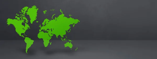 Grön Världskarta Isolerad Svart Betong Vägg Bakgrund Illustration Horisontell Banderoll — Stockfoto
