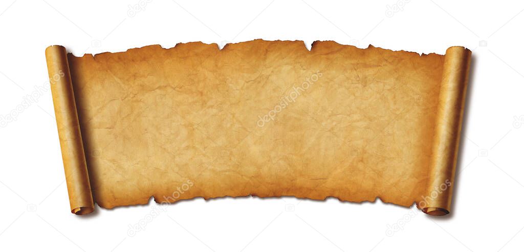 Old paper horizontal banner. Parchment scroll isolated on white background with shadow
