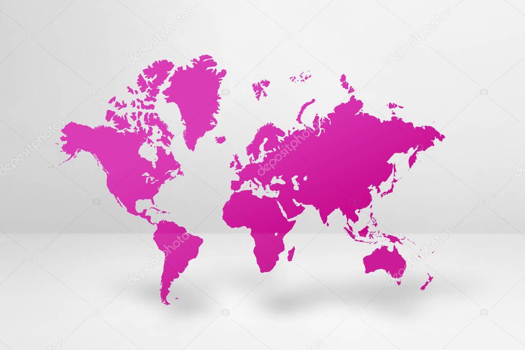 Purple world map isolated on white wall background. 3D illustration