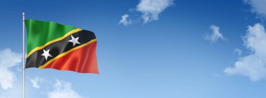 Saint Kitts ve Nevis bayrağı, üç boyutlu, mavi gökyüzünde izole edilmiş. Yatay pankart. 3B illüstrasyon