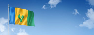 Saint Vincent ve Grenadines bayrağı, mavi bir gökyüzünde izole edilmiş üç boyutlu görüntü. Yatay pankart. 3B illüstrasyon