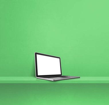 Laptop bilgisayarı yeşil rafta. Kare arka plan. 3B Görüntü