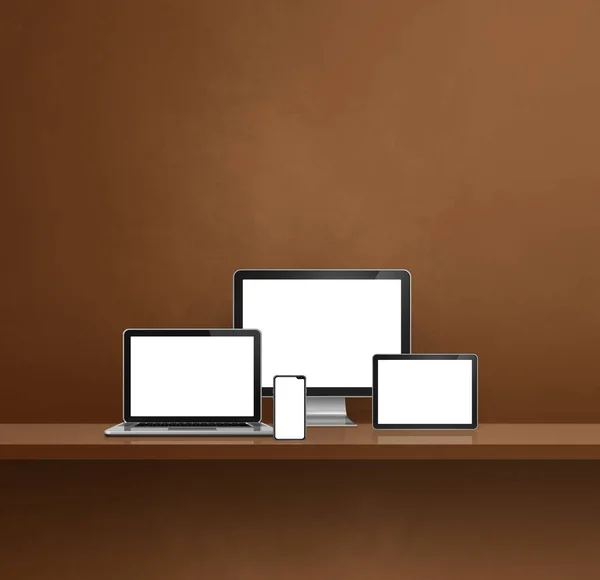 Υπολογιστής Laptop Κινητό Τηλέφωνο Και Ψηφιακό Tablet Καφέ Ράφι Τοίχου — Φωτογραφία Αρχείου
