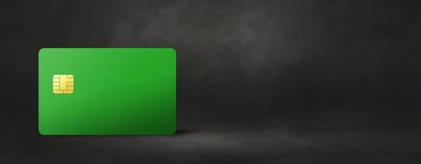 Green credit card template on a black concrete background banner. 3D illustration