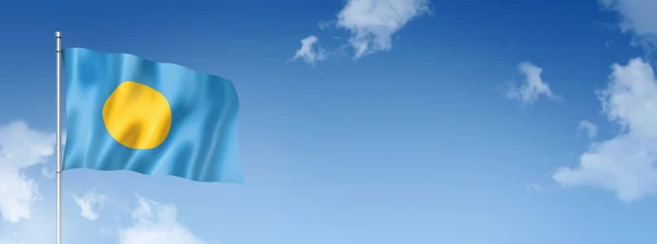 青い空に隔離されたパラオの旗 3次元レンダリング 水平方向のバナー 3Dイラスト — ストック写真