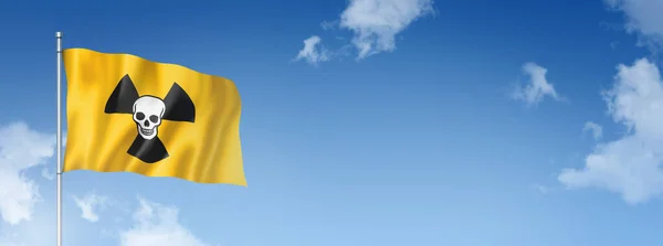 radioactive nuclear symbol death flag, three dimensional render, isolated on a blue sky. Horizontal banner. 3D illustration
