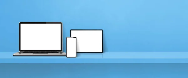 Laptop Cep Telefonu Dijital Tablet Bilgisayar Mavi Duvar Rafında Afiş — Stok fotoğraf