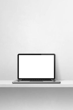 Laptop bilgisayarı beyaz beton rafta. Dikey arkaplan. 3B Görüntü