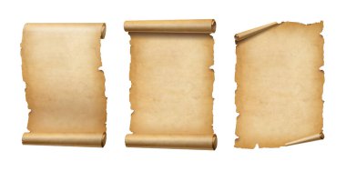 Eski parşömen kağıdı beyaza izole edilmiş. Dikey pankartlar ayarlandı