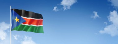 Güney Sudan bayrağı, üç boyutlu, mavi gökyüzünde izole edilmiş. Yatay pankart. 3B illüstrasyon