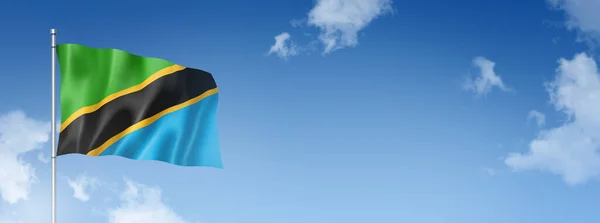 Tanzánia Zászló Háromdimenziós Renderelés Elszigetelve Kék Égen Vízszintes Transzparens Illusztráció — Stock Fotó