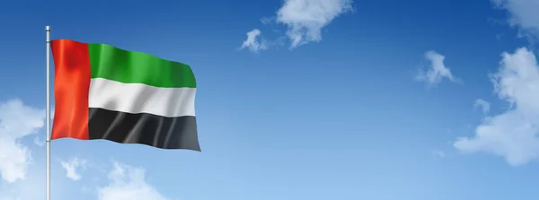 アラブ首長国連邦の旗 青い空に隔離された3次元レンダリング 水平方向のバナー 3Dイラスト — ストック写真