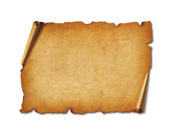 Παλιό Φύλλο Μεσαιωνικού Χαρτιού Οριζόντια Περγαμηνή Απομονωμένη Λευκό Φόντο Σκιά — Φωτογραφία Αρχείου