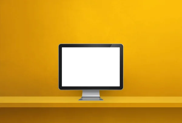 Computer pc - yellow wall shelf banner. 3D Illustration