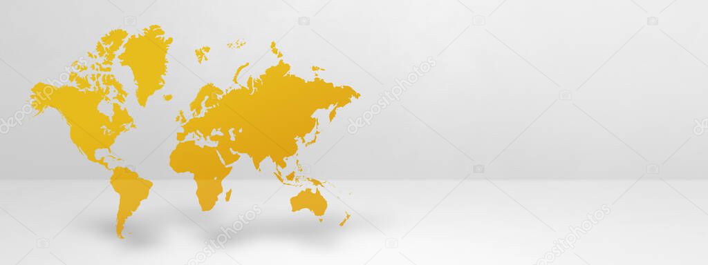 Yellow world map isolated on white wall background. 3D illustration. Horizontal banner