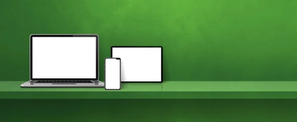 Ноутбук Мобільний Телефон Цифровий Планшетний Полиці Зелених Стін Тло Прапора — стокове фото