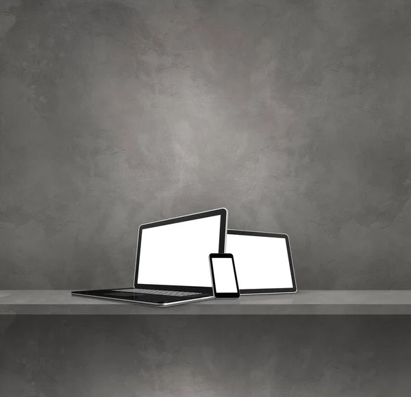 Laptop Handy Und Digitaler Tablet Grauen Wandregal Quadratischer Hintergrund Illustration — Stockfoto