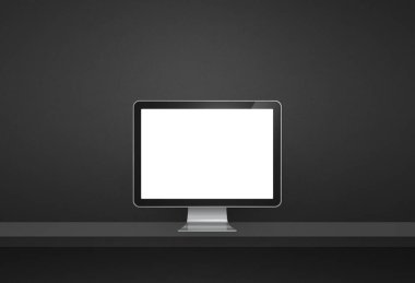 Computer pc - black wall shelf banner. 3D Illustration