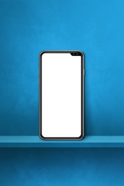 Mavi duvar rafında cep telefonu var. Dikey arkaplan. 3B Görüntü