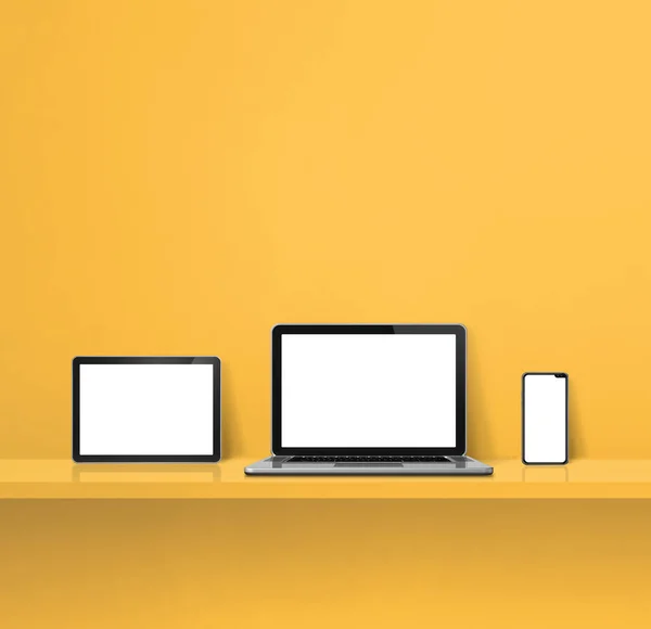 Laptop Mobile Phone Digital Tablet Yellow Wall Shelf Square Background — Zdjęcie stockowe